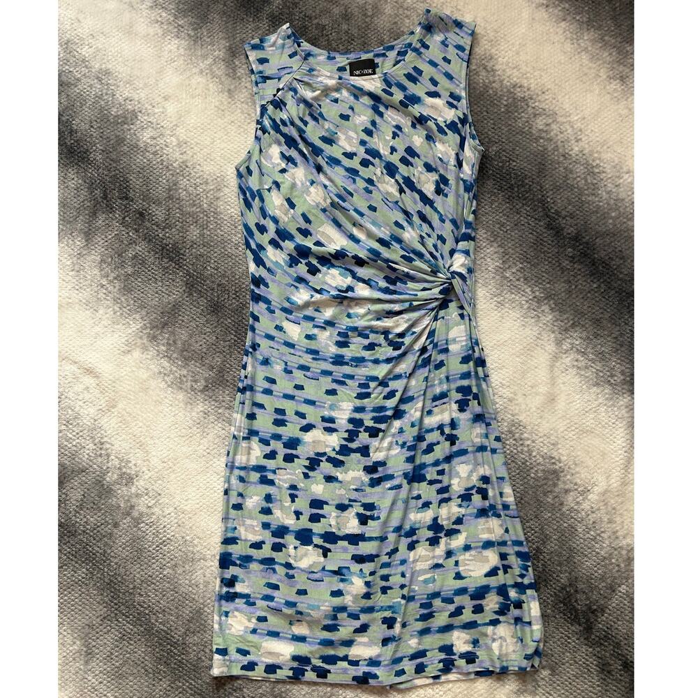 NIC+ZOE Water Lane Twist Dress Petite Med Blue Green Ruched Sleeveless Midi
